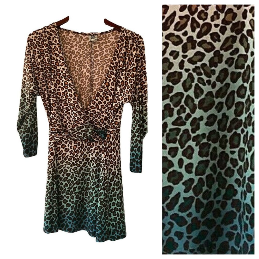 Ivy Jane Uncle Frank Mini Dress Large Animal Print Faux Wrap Brown Teal Silky
